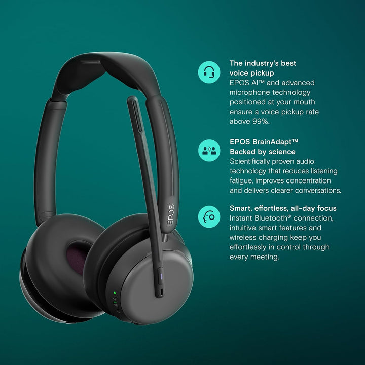 EPOS Impact 1000 MS UC ANC Bluetooth-Headset mit Ladestation und USB-C + USB-A Adapter für PC und Ma