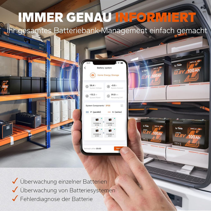 LiTime LiFePO4 100Ah Lithium Batterie 12V mit Bluetooth, 1280Wh Gruppo 24, 100A BMS und Max. 15000 Z