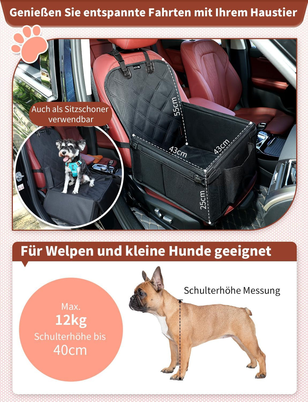 KYG Hundeautositz - Besonders Stabil, Wasserdicht, rutschfest &amp; Kratzfest für Kleine Hunde - Für Bei
