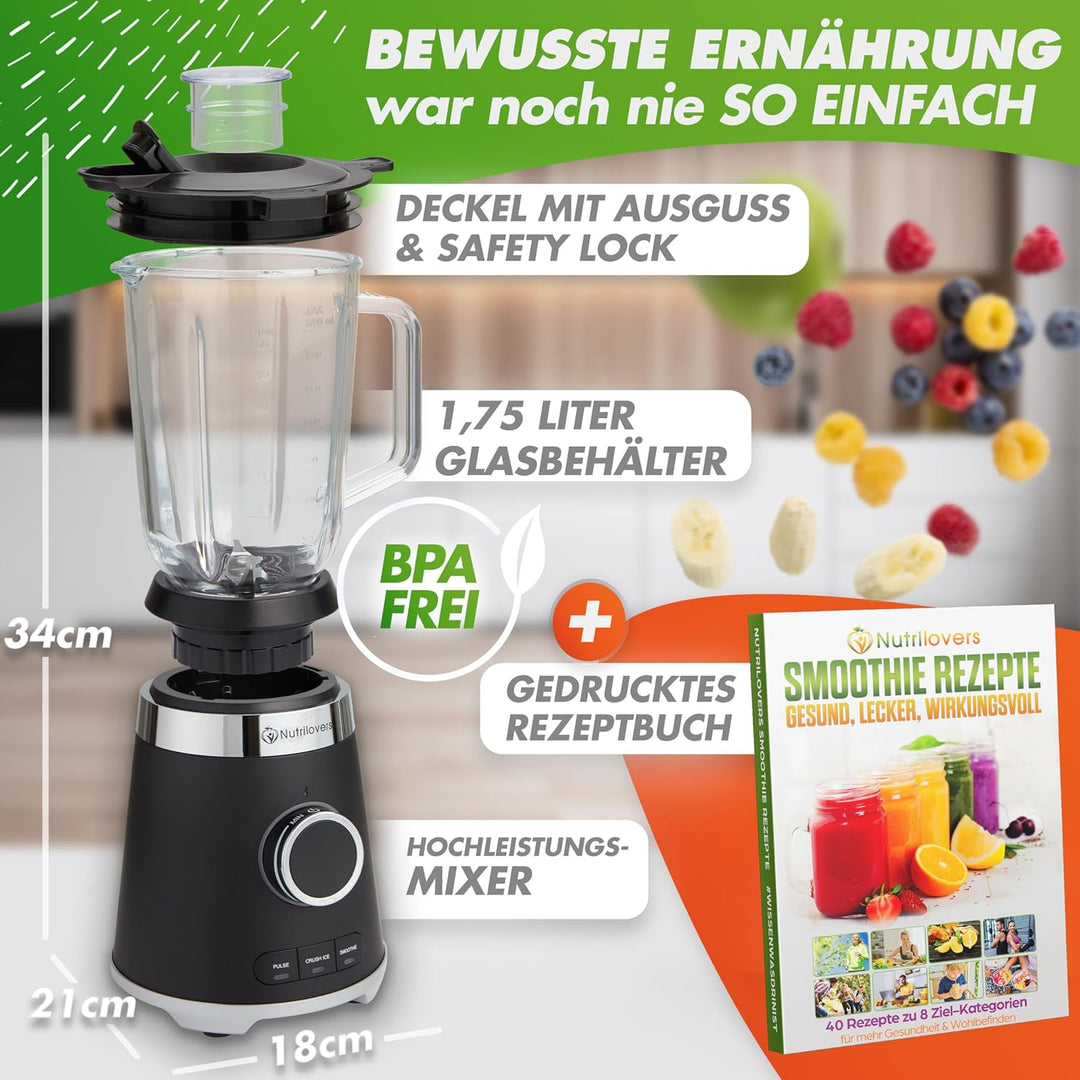 Nutrilovers Standmixer Glas NUTRI-BLENDER GLAS Edelstahl Standmixer mit Glasbehälter Hochleistung 13