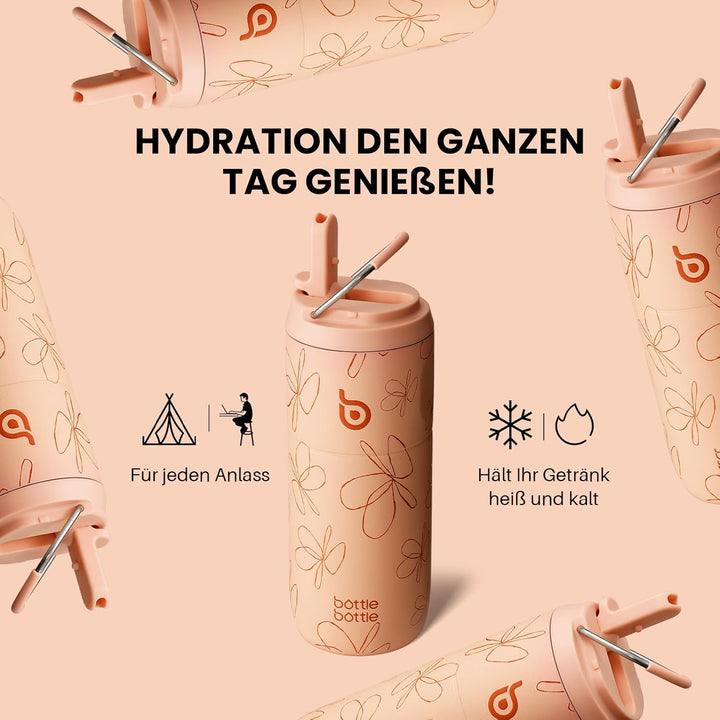bottlebottle Edelstahl Trinkflasche mit Strohhalm 500ml, auslaufsichere Sportwasserflasche, ideal fü