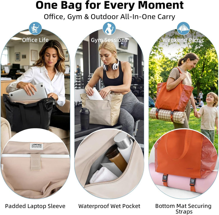 Leichte geräumige Tote Bag für Damen, 25L erweiterbare Reise- & Arbeitstasche mit Tabletfach, Sportt