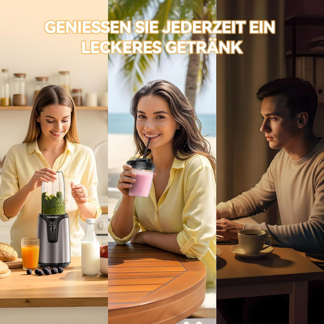 TECKNET 1000W Smoothie Maker, Smoothie Mixer mit 2 BPA-freie Becher (500ml&150ml), Standmixer Klein