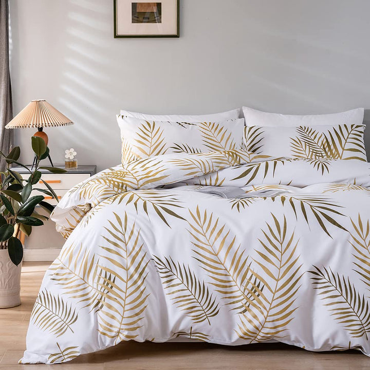 Nayoroom Bettwäsche 140x200 Weiss Gold Blätter Muster Bettbezug 2 Teilig Microfaser Botanisch Palmen