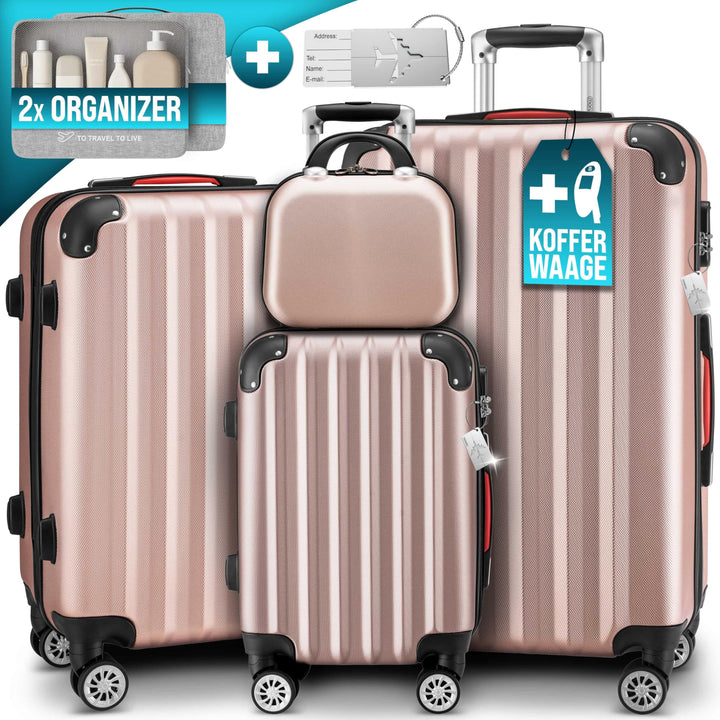 Monzana® Baseline Kofferset 4tlg Rose-Gold Beautycase M L XL Gelgriffe Zahlenschloss Reisekoffer Tro