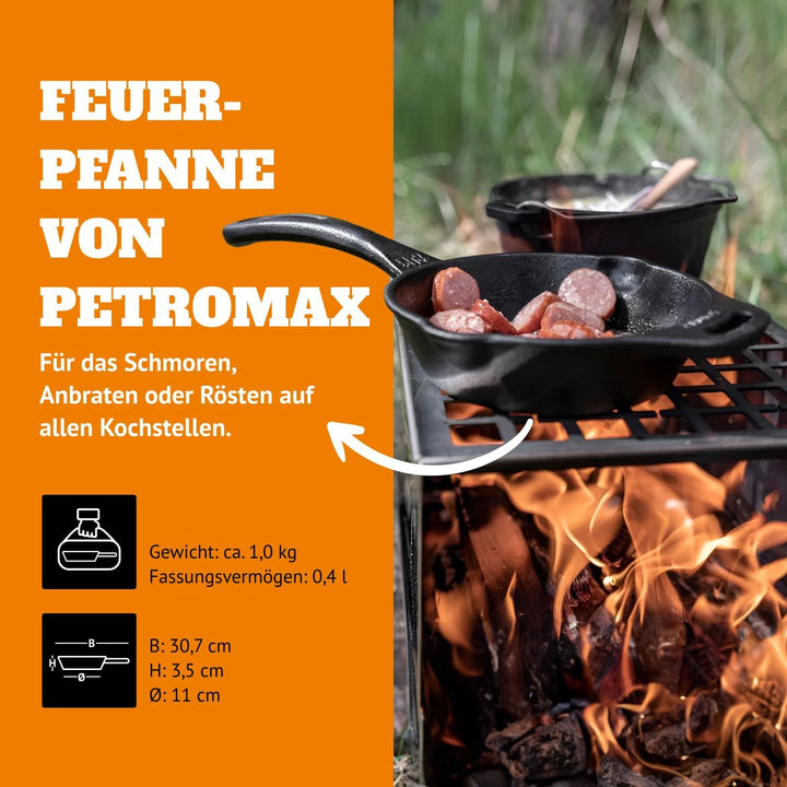 Petromax Feuerpfanne mit Stiel - Pfanne aus Gusseisen für alle Grill- und Herdarten, Gasflamme, Back