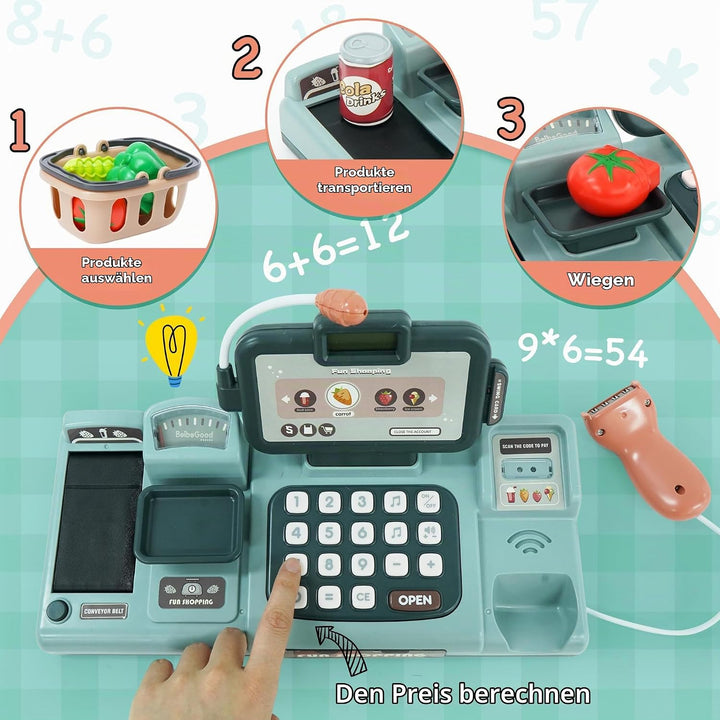 Kinder Kasse Spielzeug Supermarkt Registrierkasse mit Scanner, Sound, Essen, Kreditkarten-Geschenk,