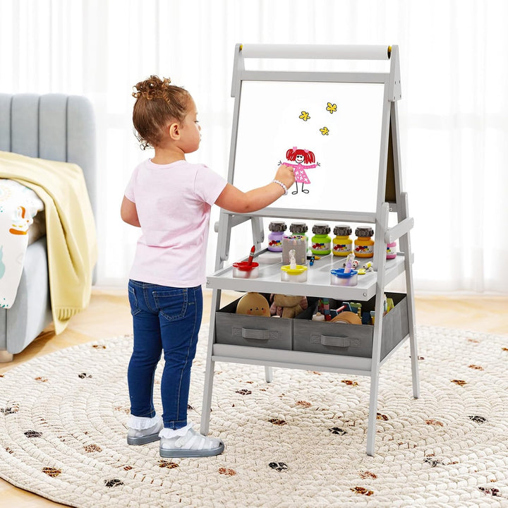 HOMASIS 3-in-1 Kindertafel aus Holz mit Stauraum, Kunstpferd mit Whiteboard, Kreidetafel und Papierr