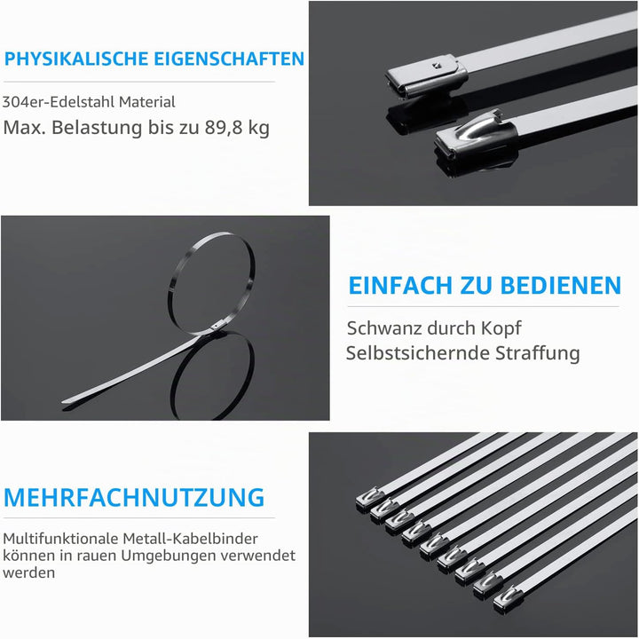 XINGO 100 Stück Edelstahl Kabelbinder, 400 x 4,6mm, Metall 304, Robuste Mehrzweck-Kabelbinder für Au