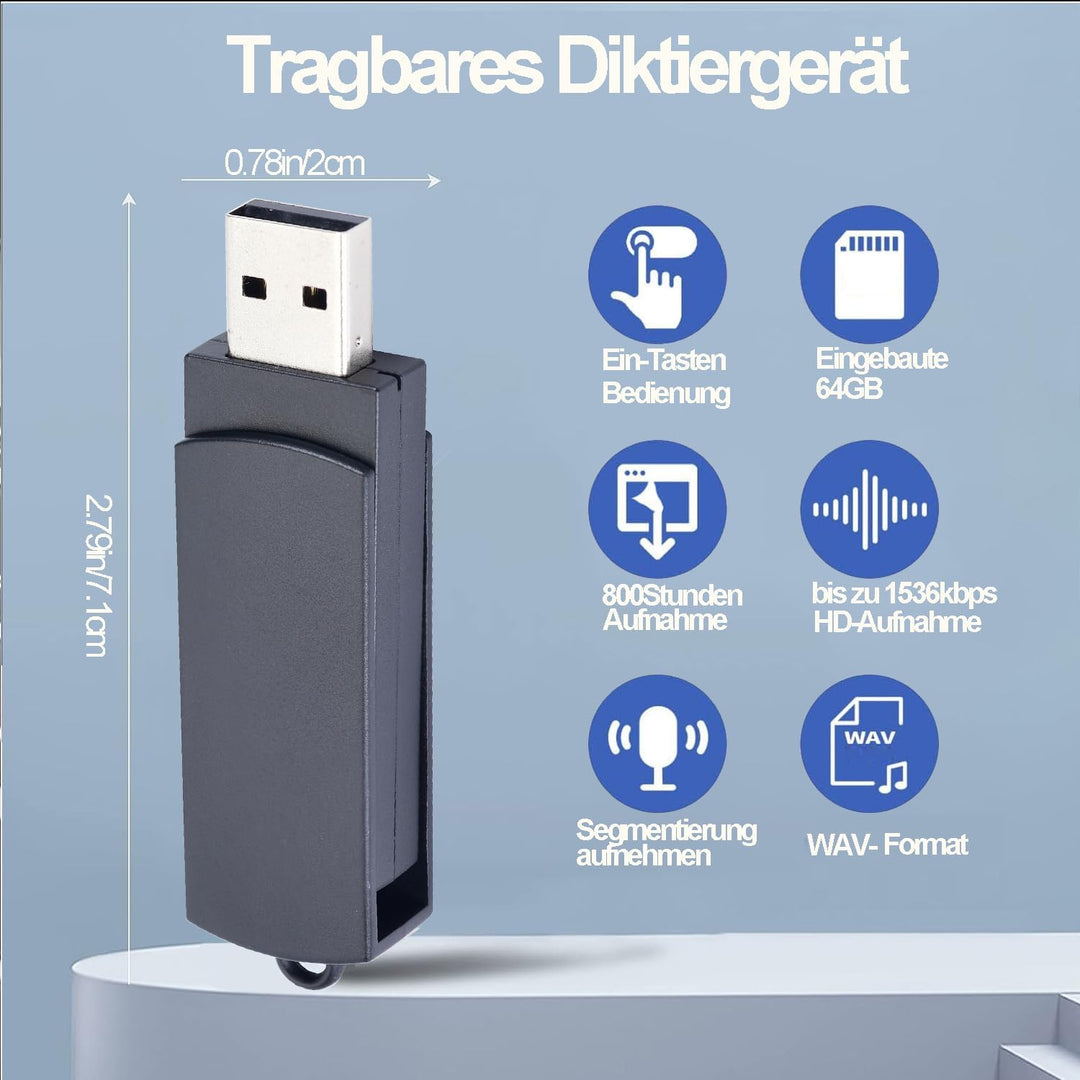 64GB USB Diktiergerät Digital, Voice Recorder mit Spracherkennung und One-Touch-Aufnahme, Aufnahmege