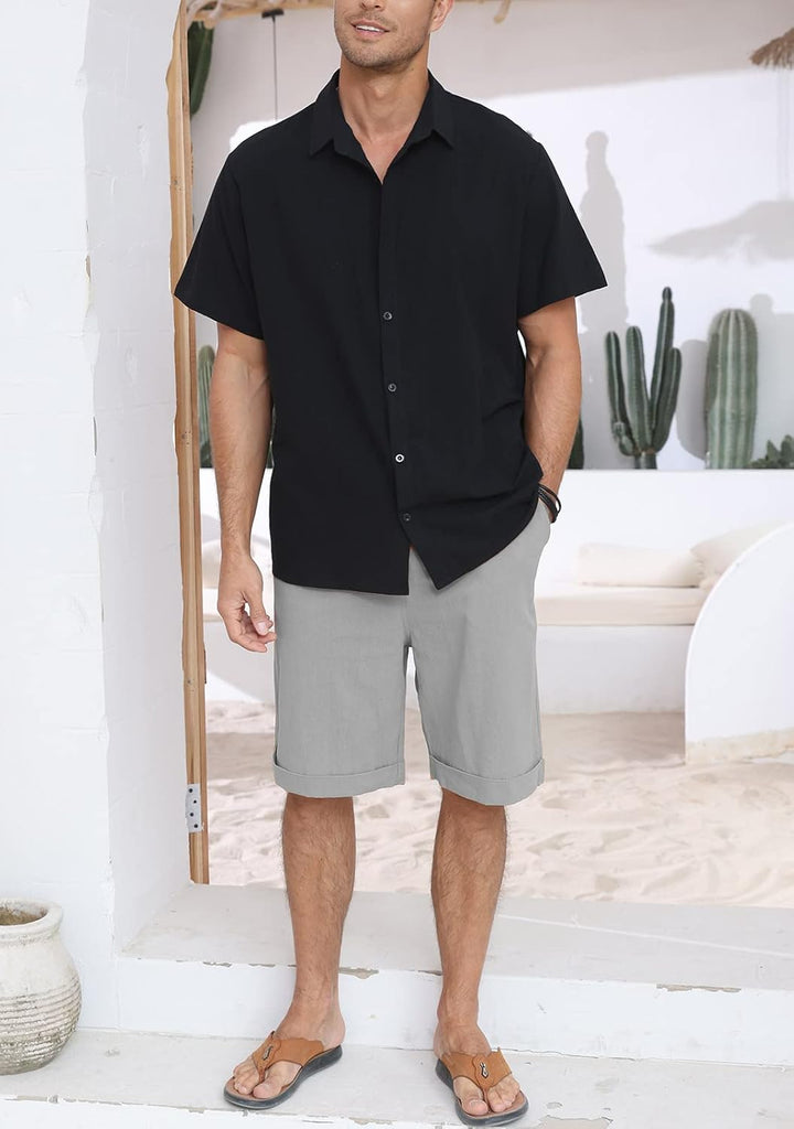 Halfword Leinenhose Herren Kurz Leinen Shorts Kordelzug Strand Freizeithose Leichte Urlaub Sommer L