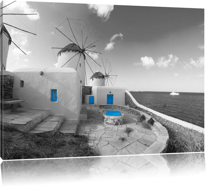 süsse Windmühlen im Mittelmeer schwarz/weiss Format: 100x70 auf Leinwand, XXL riesige Bilder fertig