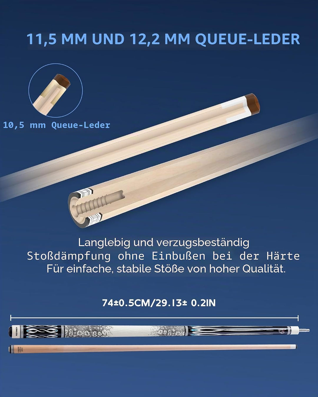 KONLLEN Billardqueue-Stick mit niedriger Ablenkung, mit Verlängerung und Koffer (10,5 mm, 11,5 mm, 1