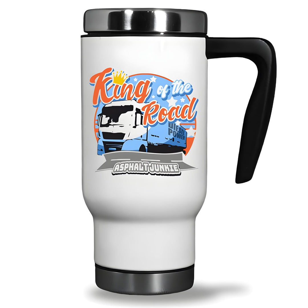 Trucker 'King of the Road' Thermobecher – Isolierter Edelstahl Reisebecher 470ml, Spülmaschinenfest,