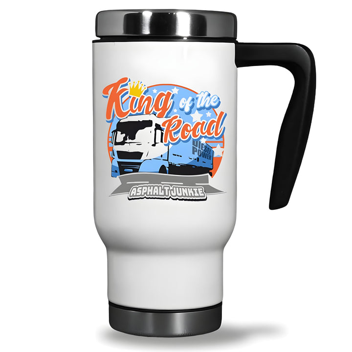 Trucker 'King of the Road' Thermobecher – Isolierter Edelstahl Reisebecher 470ml, Spülmaschinenfest,