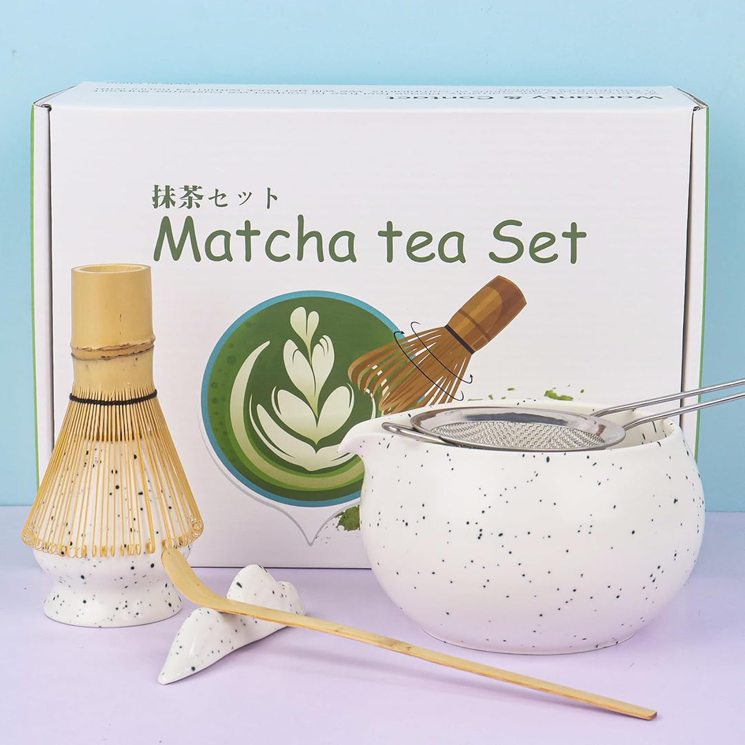 Nideen Matcha Set Weiss mit Besen, Keramik Schale, Matcha Löffel & Halter–Matcha Besen Set für die M