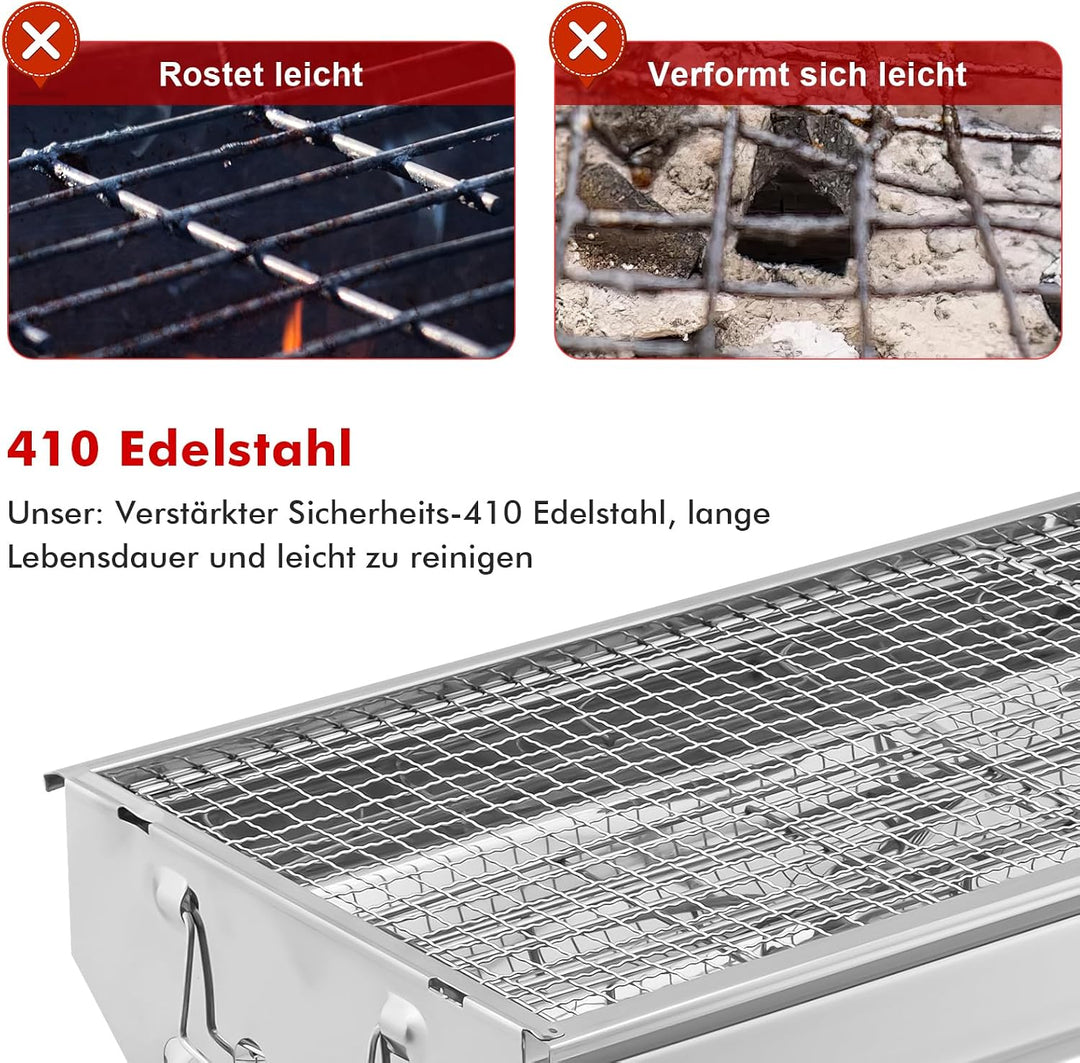 Klappgrill Holzkohlegrill Edelstahl mit Ablage &amp; Gewürzboard | lang 100cm | Faltbarer Portable Schas