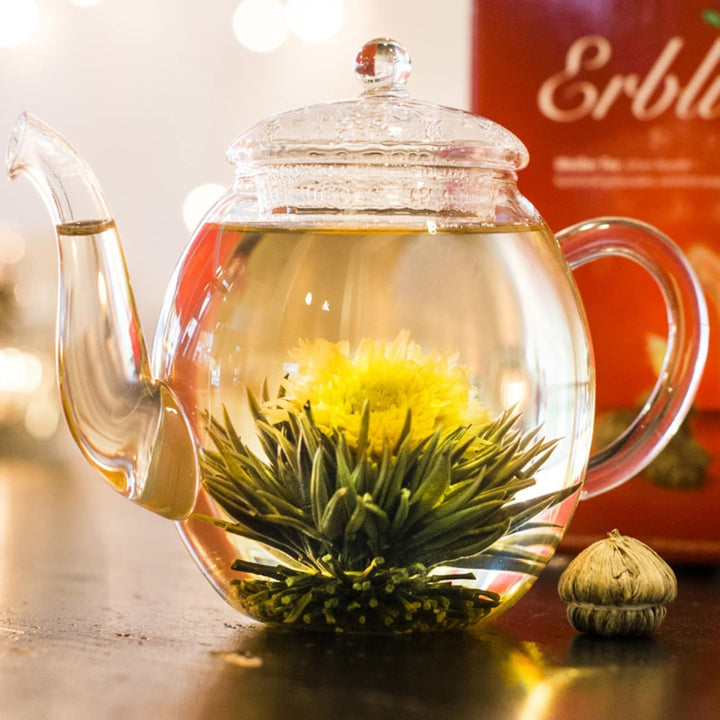 Creano Teeblumen Mix - Geschenkset Erblühtee mit Glaskanne & 2x 250ml Thermogläser - Weisser Tee (in