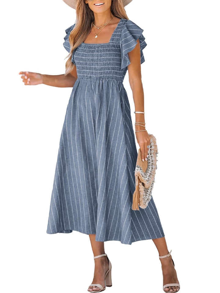 CUPSHE Damen Sommerkleid Quadratischer Ausschnitt Volantärmel Nadelstreifen A Linie Gesmoktes Maxikl