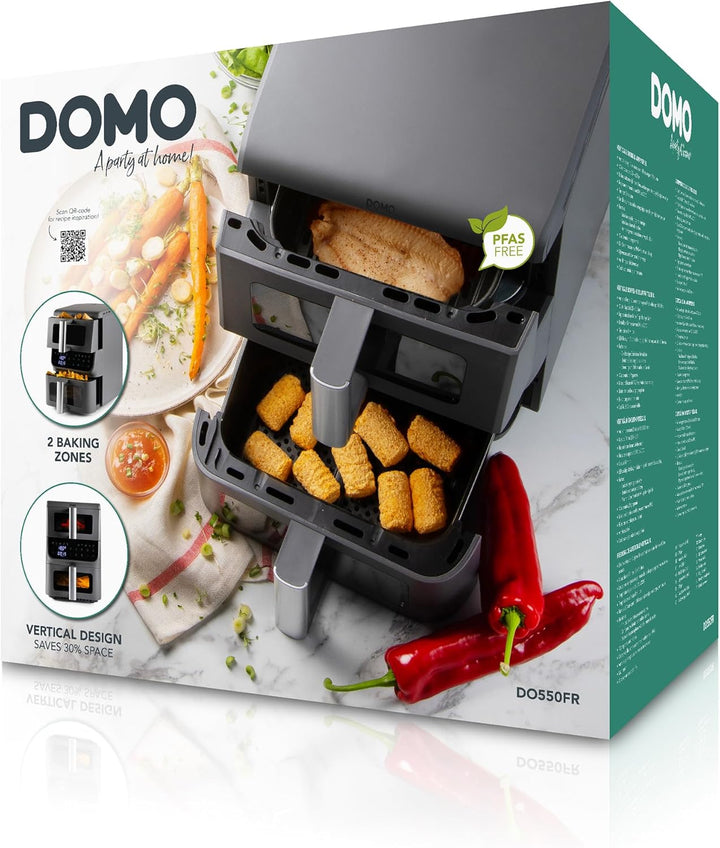 DOMO DO550FR Heissluftfritteuse 2 Kammern Vertikal - 10L - Innovative Mehrfach-Luftgeschwindigkeit -