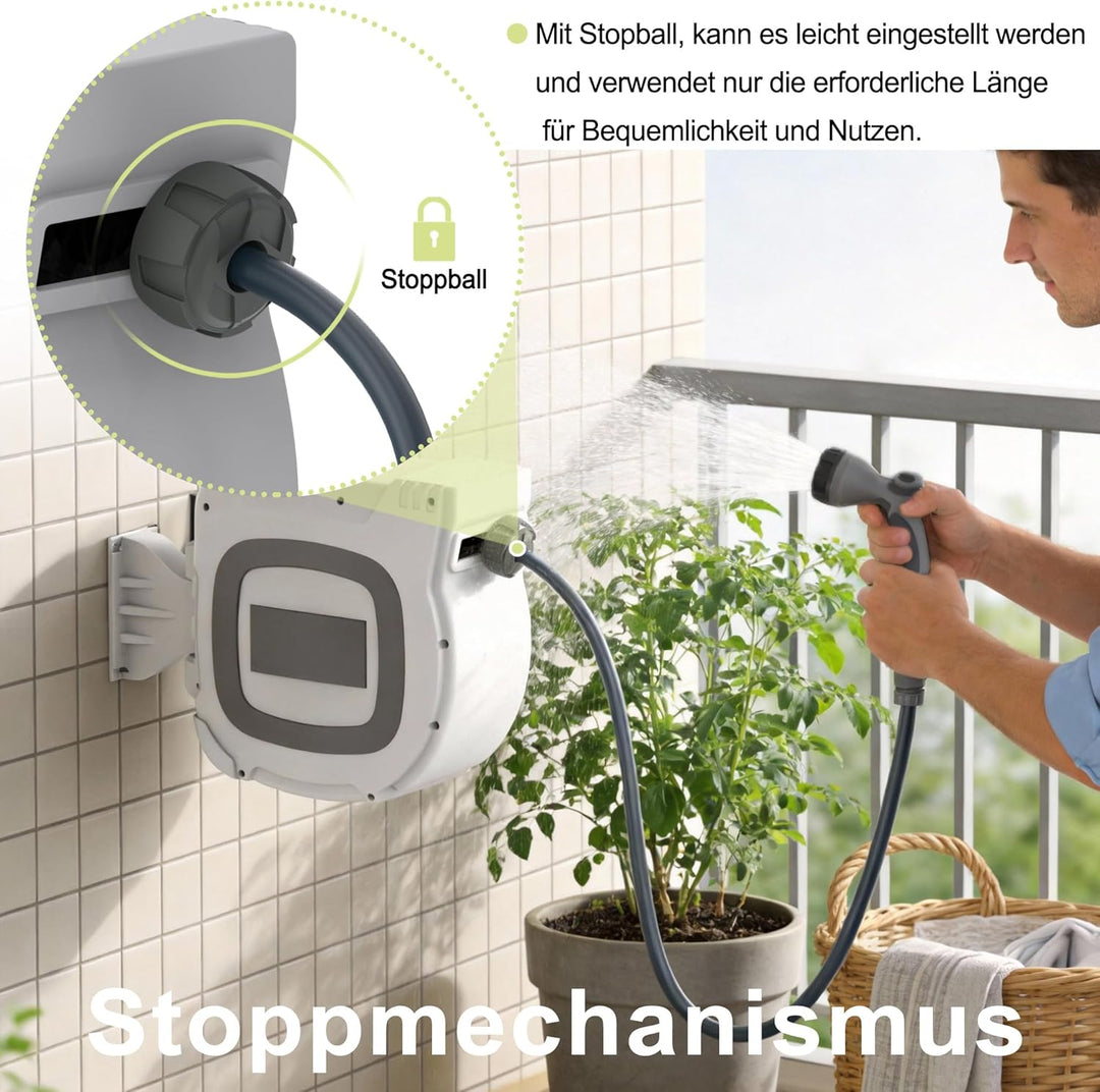 30m Gartenschlauch Schlauchtrommel Wandmontage, Automatik Aufrollfunktion,10 Funktionen Sprühdüse, 1