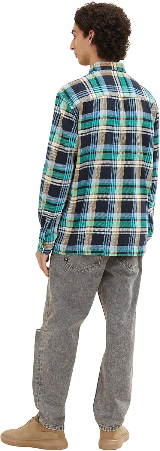 TOM TAILOR Denim Herren Overshirt aus Flanell mit Karo-Muster L 31568 - Navy Blue Green Big Check, L