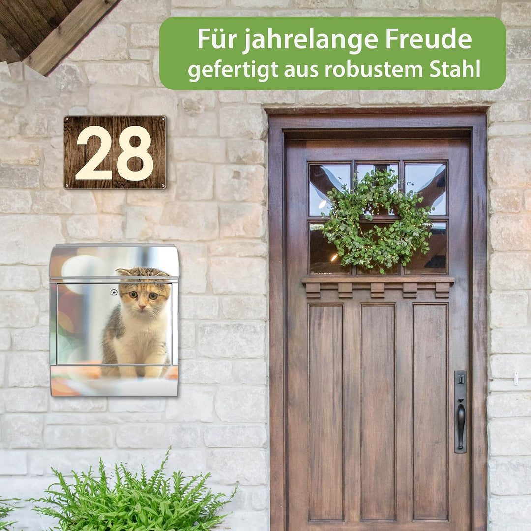 banjado® Design Briefkasten mit Motiv Kleine Katze 39x47x14cm &amp; 2 Schlüssel - Briefkasten Stahl Silb