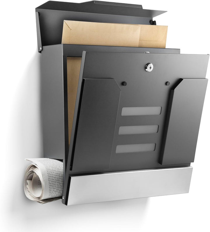 Moderner Briefkasten Personalisierbar Mailand Anthrazit RAL7016 - mit Zeitungsfach - Wandbriefkasten