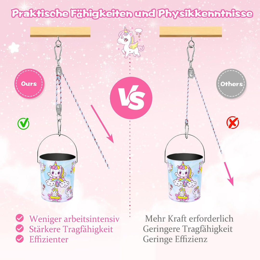 FORMIZON Flaschenzug Kinder, Flaschenzug Riemenscheibe mit Metalleimer, Zubehör fürs Baumhaus Spielt