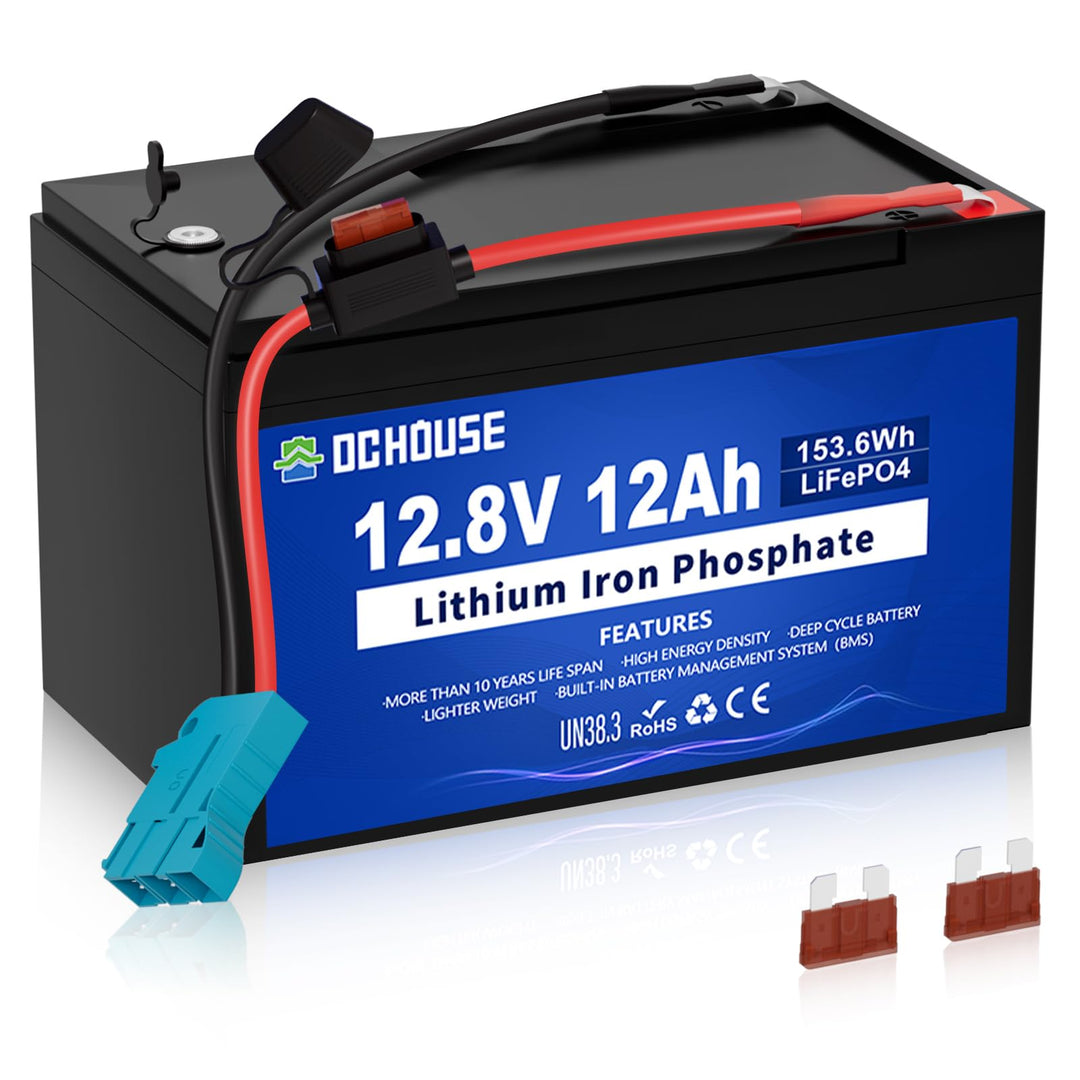 DCHOUSE 12V 12Ah LifePo4 Batterie Tiefe Zyklen mit 15A BMS,10 Jahre Lebensdauer, für Trolling Motor