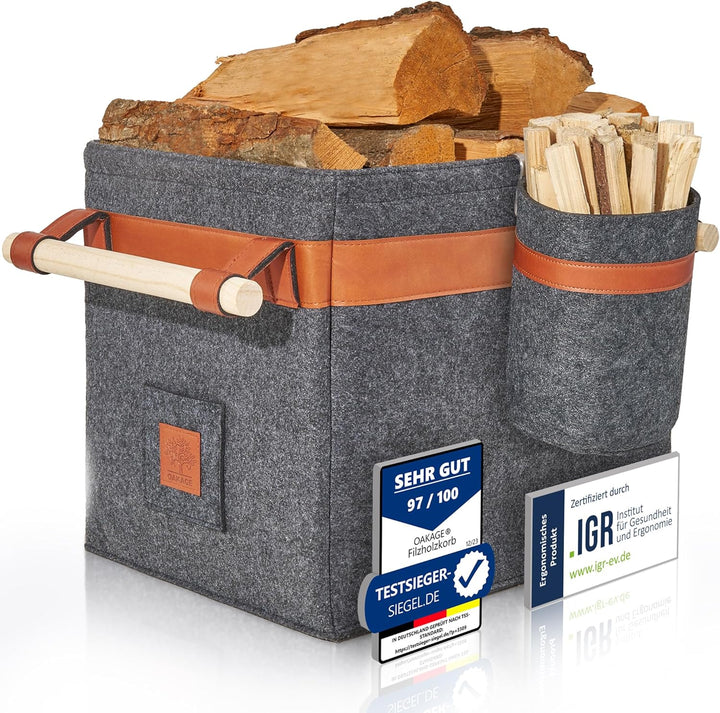 OAKAGE® Holzkorb für Kaminholz Gross mit Zündholzkorb [Integrierter Metallrahmen für Zusatzstabilitä