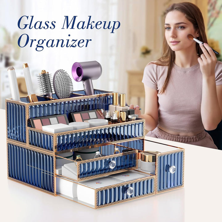 Youdepot Kosmetik Organizer Blau aus gehärtetem Glas, Make-up Organizer für Schminktisch, Skincare,