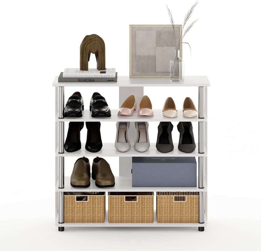 Furinno Turn-N-Tube 5-stöckiges breites Schuhregal, Weisse Eiche/Chrom Weisse Eiche/Edelstahl 5-stuf