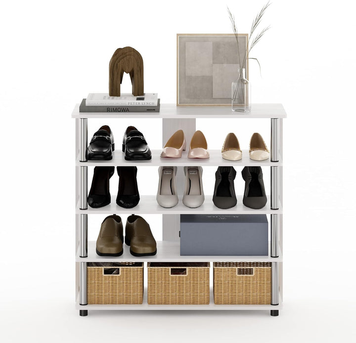 Furinno Turn-N-Tube 5-stöckiges breites Schuhregal, Weisse Eiche/Chrom Weisse Eiche/Edelstahl 5-stuf