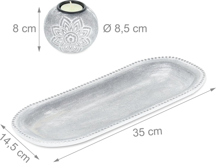 Relaxdays Teelichthalter Set mit Tablett & Steinen, 35 cm lang, Tischdeko Wohnzimmer, Esszimmer, Ker