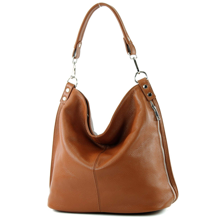 modamoda de - T177 - ital. Damen Schultertasche aus Leder Cognac, Cognac