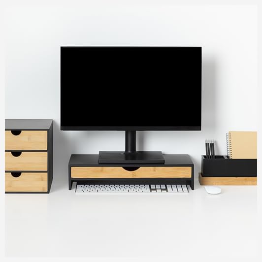 5five – Bava Monitorständer aus Bambus – Schwarz, 47 x 25 x 10 cm, mit Schublade – Organizer für Bür