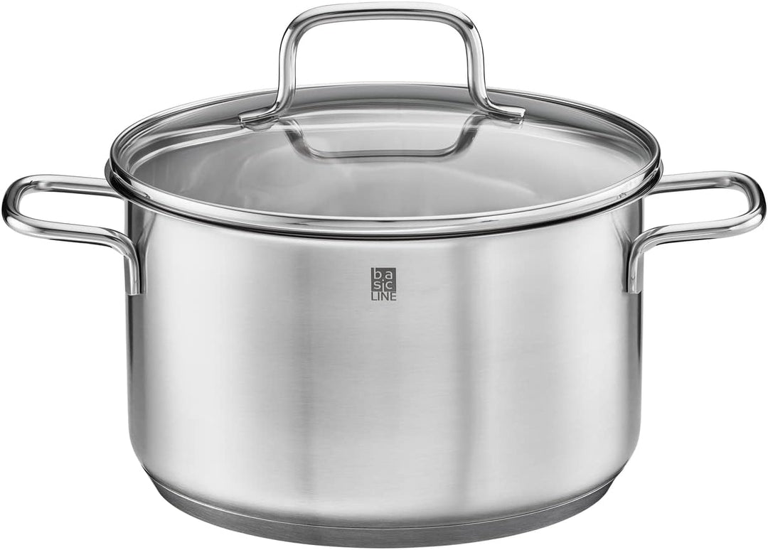RÖSLE Basic Line Topf-Set 4-tlg., 3 Universaltöpfe, 1 Stielkasserolle, Edelstahl 18/10, mit Glasdeck