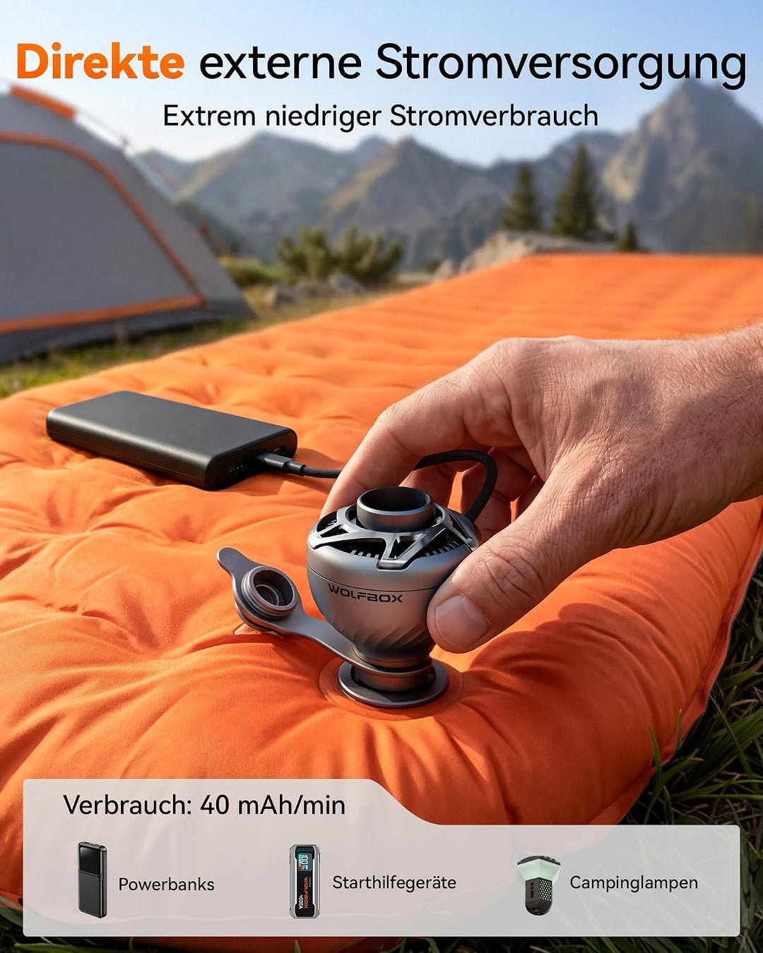 WOLFBOX MFmini Elektrische Luftpumpe, Mini USB Luftpumpe für Luftmatratze ohne Akku 32g Ultraleicht,