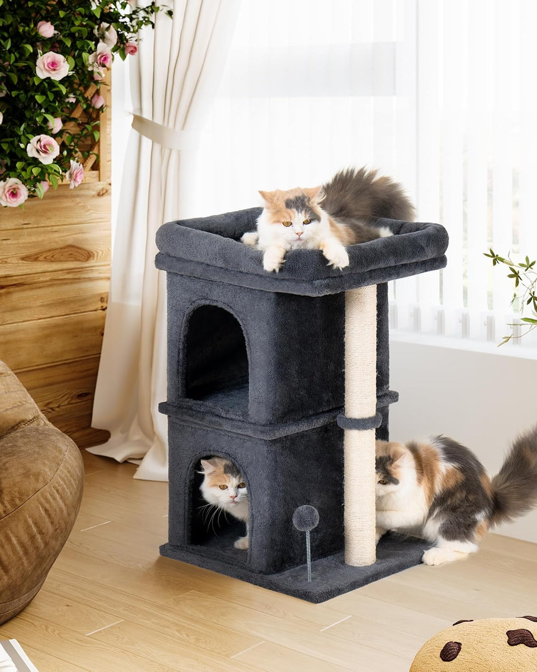 61cm Kratzbaum für Grosse Katzen Stabil, 2 Katzenhöhle fur Indoor Klein Katzen, Katzenbaum mit Gross