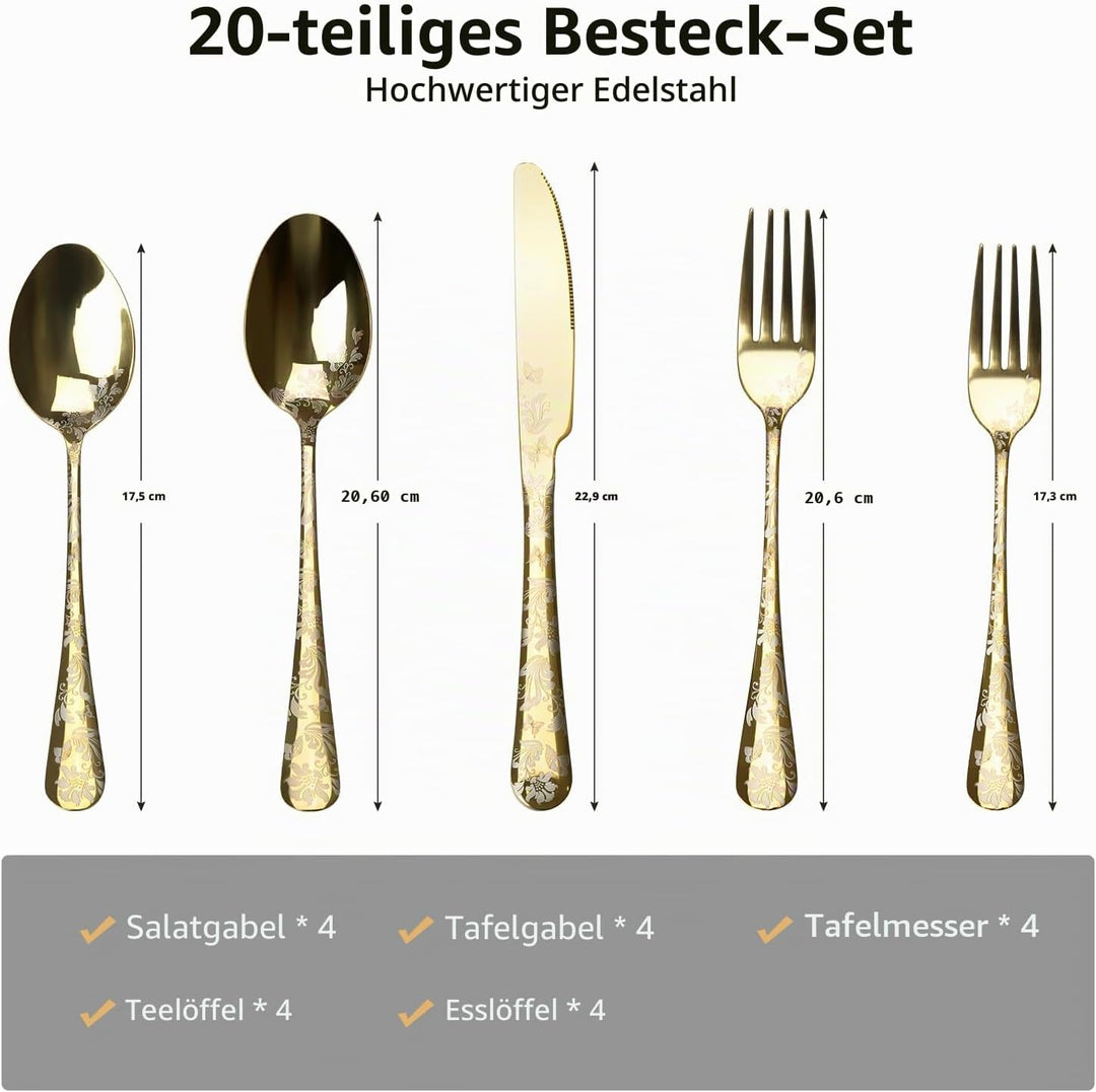 Aoresac Besteck-Set für 4 Personen, 20 Stück, aus Edelstahl, poliertes Muster, mit Blumenspiegel, in