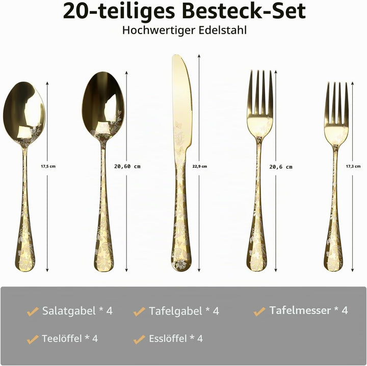 Aoresac Besteck-Set für 4 Personen, 20 Stück, aus Edelstahl, poliertes Muster, mit Blumenspiegel, in