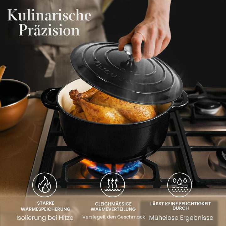 Gusseisen-Topf mit Deckel – Emaille-Schmortopf mit Antihaft, Ofenfest – Schwarz, 4.7 Liter, 24 cm –
