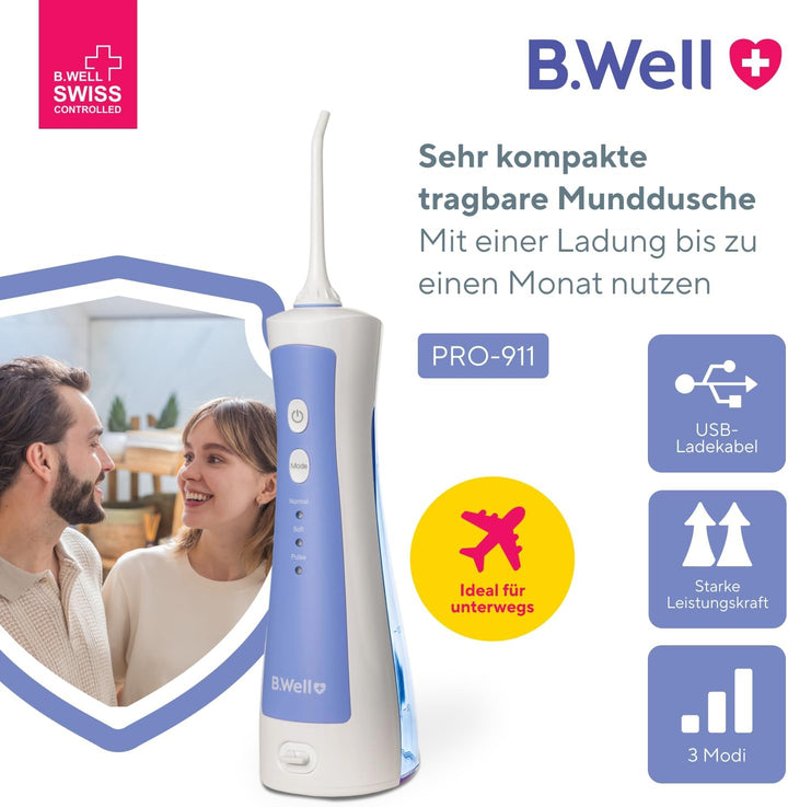 B.Well Swiss PRO-911 tragbare und kabellose Munddusche, mit 3 Modi, 2 Düsen mit 360°-Rotation, 150-m