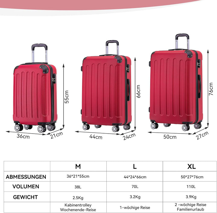BEIBYE Hartschalen-Koffer Trolley Rollkoffer Reisekoffer Handgepäck 4 Rollen (M-L-XL-Set) (Chillired