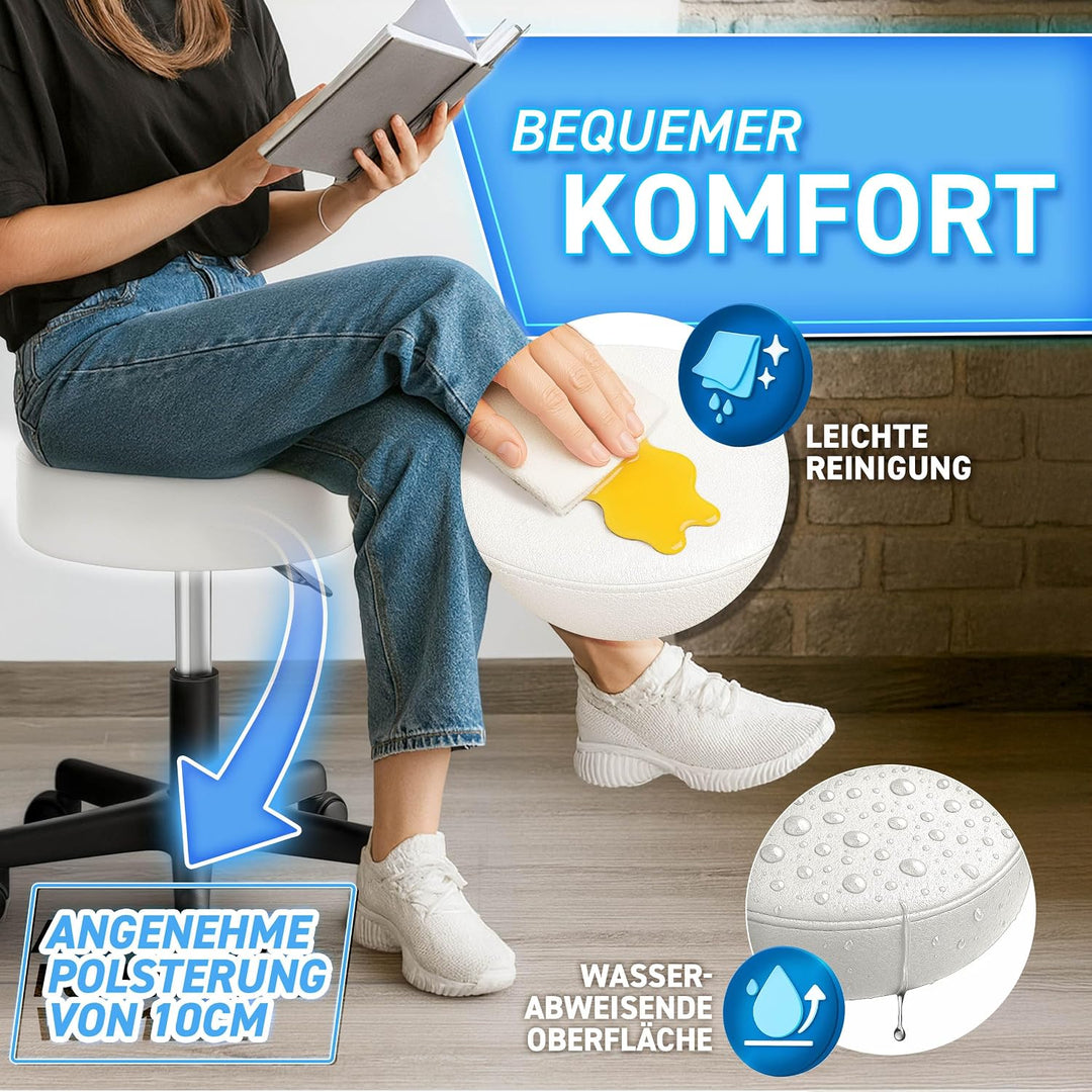 TRESKO® Rollhocker höhenverstellbar 10 cm Dicke Polsterung bis 150 kg | Hocker 47-60cm | Arbeitshock
