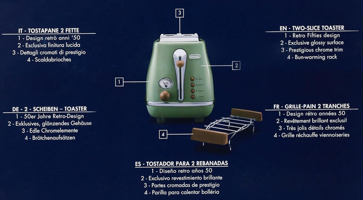 De'Longhi Toaster Icona Vintage CTOV2103.GR - 2-Schlitz-Toaster mit Brötchenaufsatz, Edelstahl in el