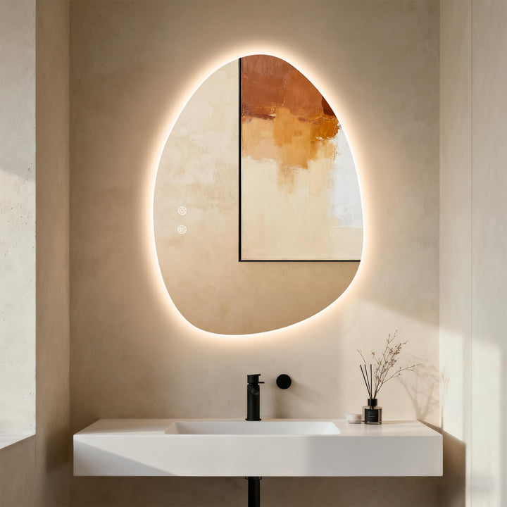 Clevich Badspiegel mit Beleuchtung Asymmetrisch 80×60 cm, LED Spiegel mit 3 Lichtfarben dimmbar, geh