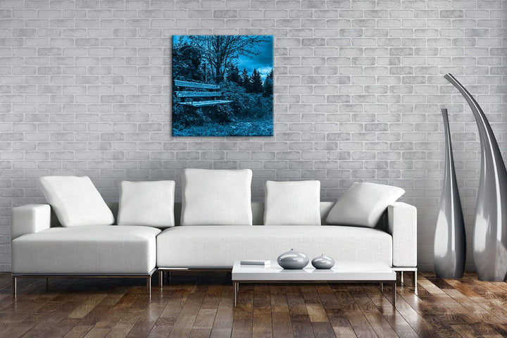deyoli einsame Bank am Waldrand Format: 70x70 Effekt: Monocrome Blau als Leinwandbild, Motiv fertig