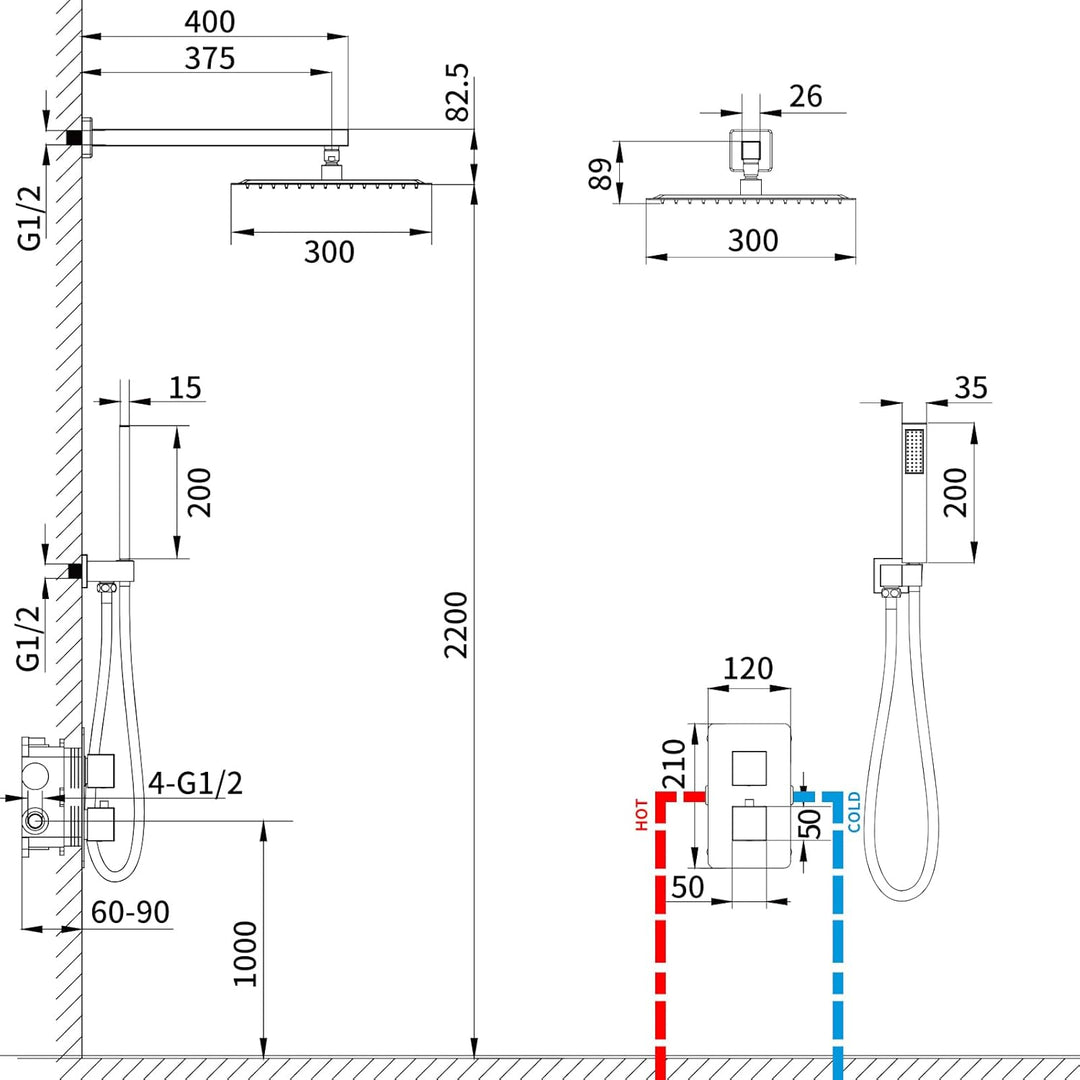 HOMELODY Regendusche Duschsystem mit Thermostat Unterputz Duscharmatur Eckig, Duschamaturenset Chrom